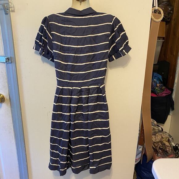 Kate Spade Short Sleeve 100% Silk Luxury Midi Shirt dress Navy White Striped Sz4 - Picture 6 of 12